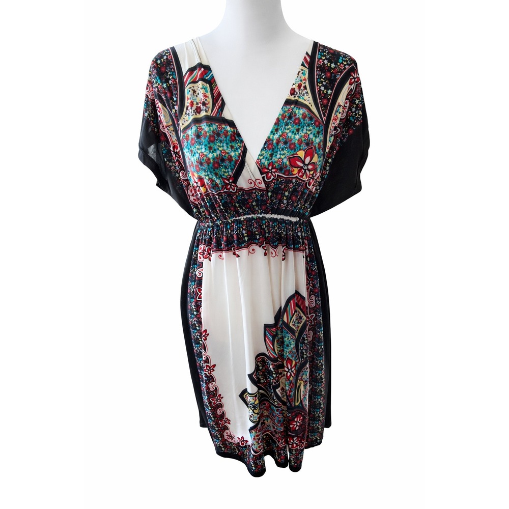 India Beautiful Boho V-Neck Elastic Waist Paisley Floral Vibrant Mini Dress M‎ - Picture 2 of 4